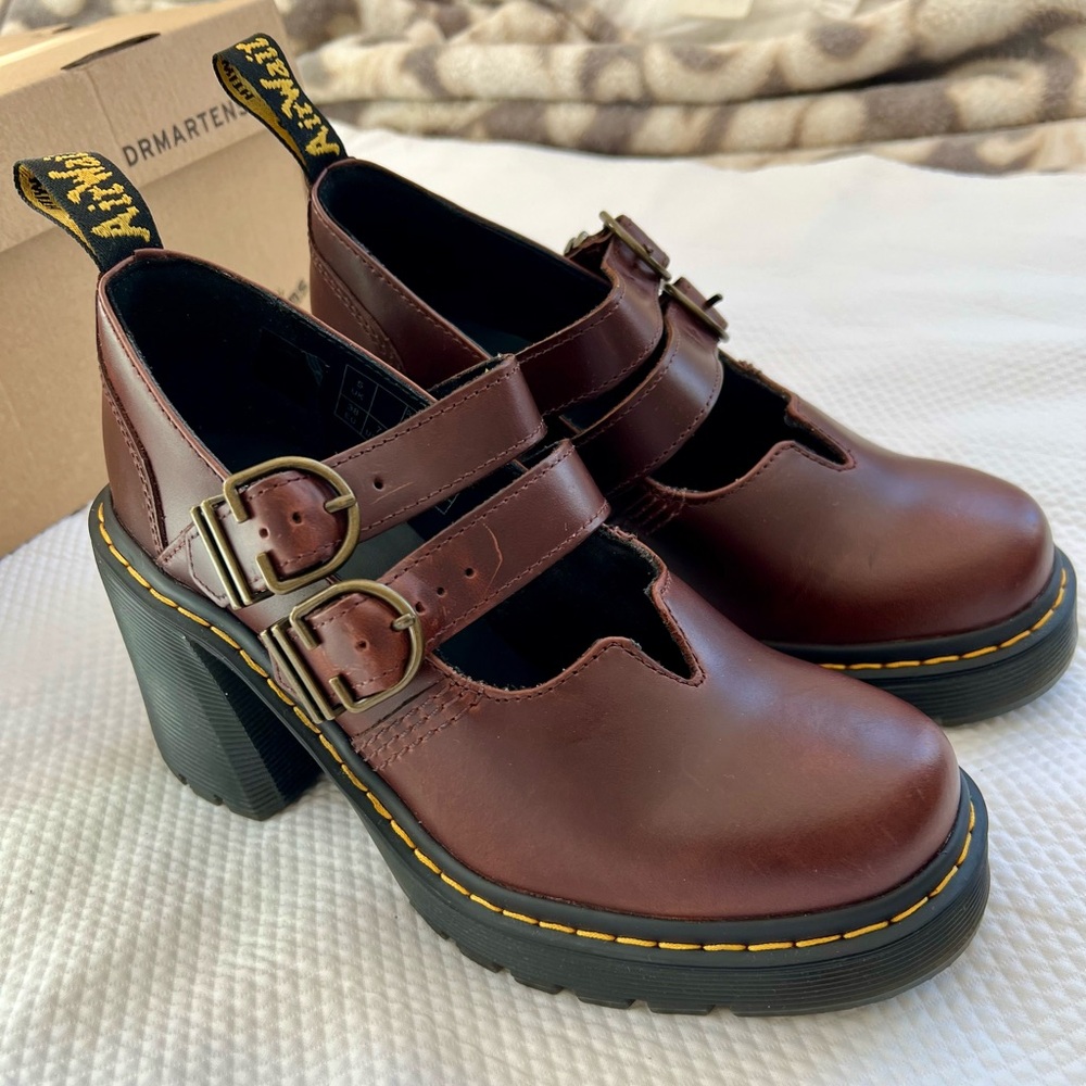Dr. Martens Eviee Brown Double-Buckle Mary Jane Heels US Women 7/ EU 38